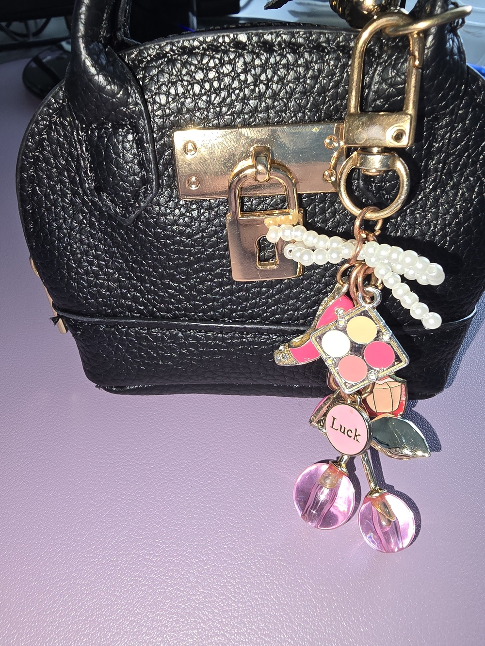 Pink 💕 Cherry Charm Keychain with Lips, Purse, Shoe, Perfume, Eyeshadow, NEW - Picture 5 of 6